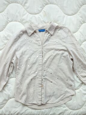 Karen Scott Vintage Embroidered Light beige Linen Button-down Top Large